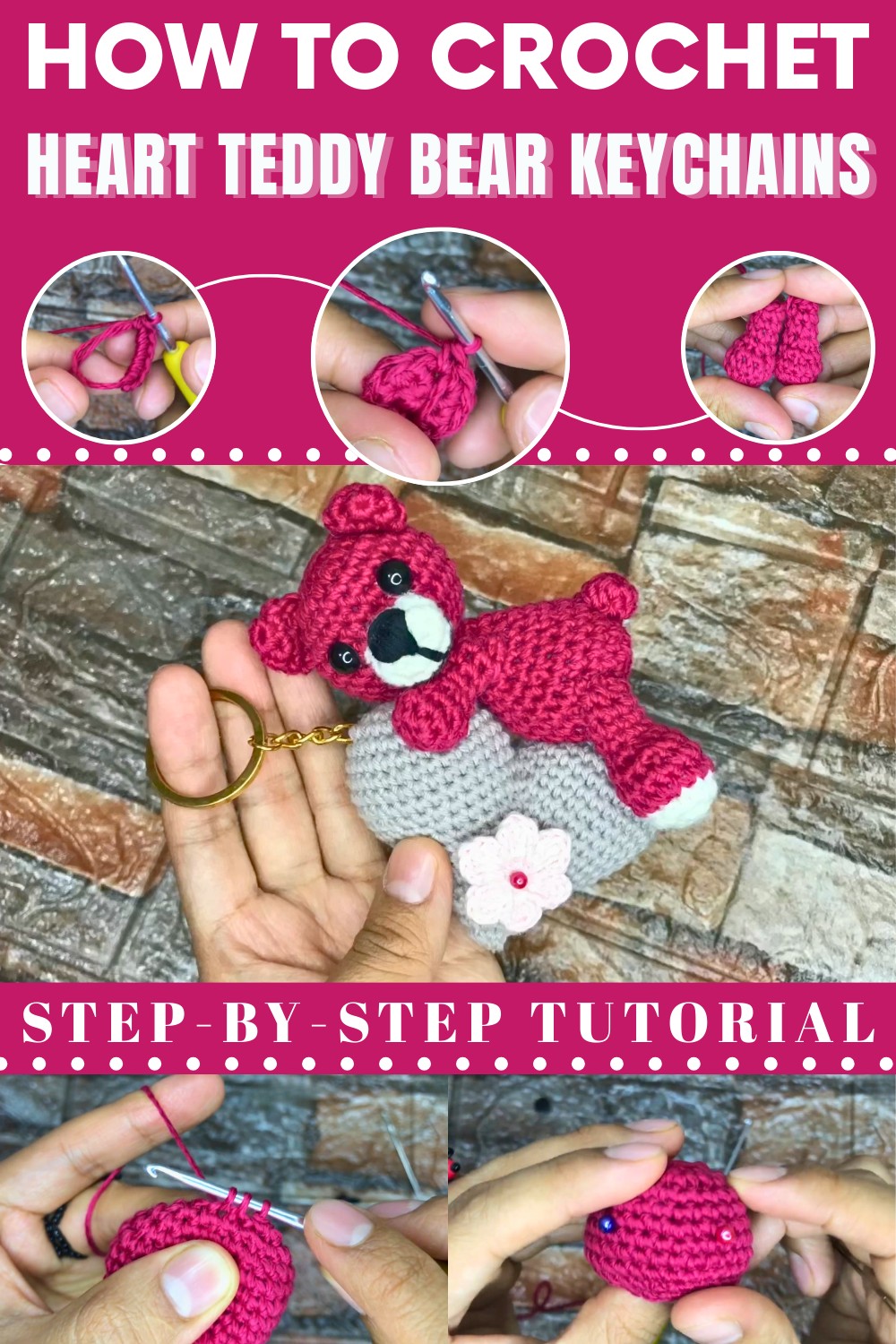 Crochet Heart Teddy Bear Keychains