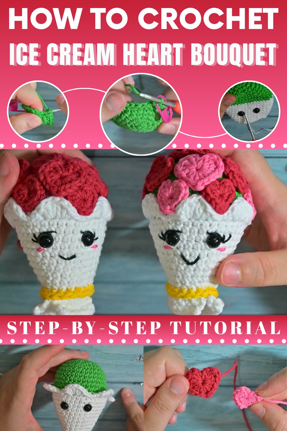 Crochet Ice Cream Heart Bouquet