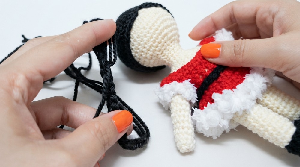 HOW TO ADD HAIR, FACE AND CHRISTMAS HAT FOR AMIGIRUMI DOLL 7